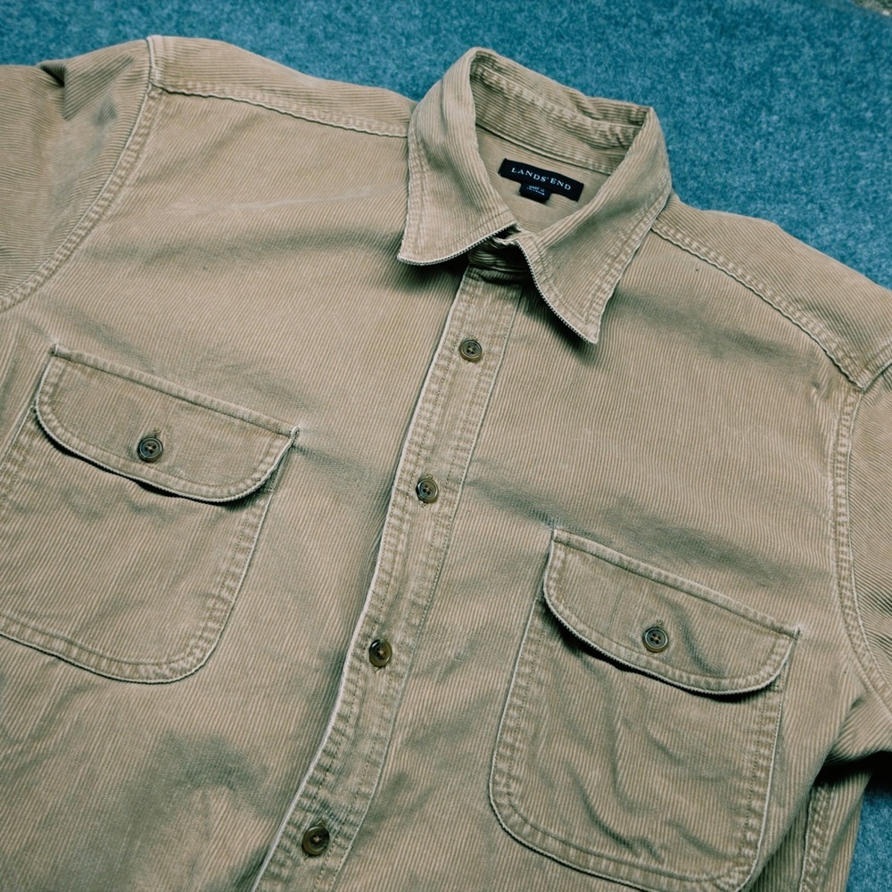 Lands End Mens Tan Corduroy Button Down Shirt Long Sleeve L 16-16.5 Pocket